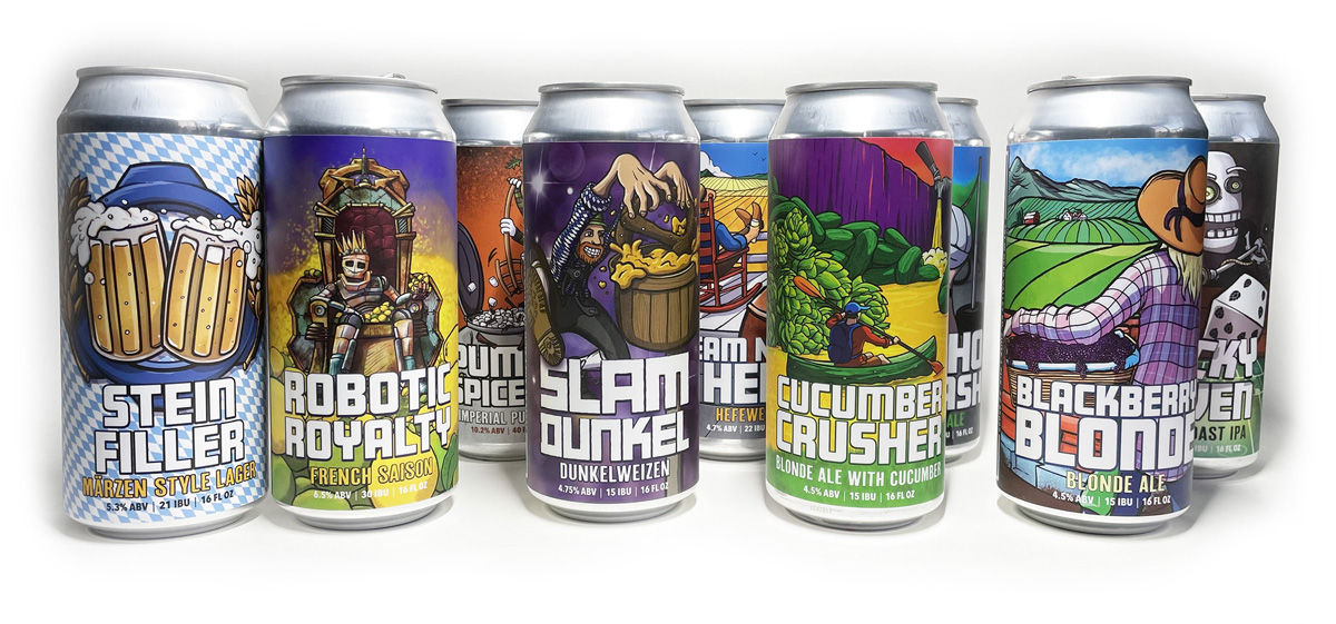 Nine Simple Machine Beer Cans on a white background